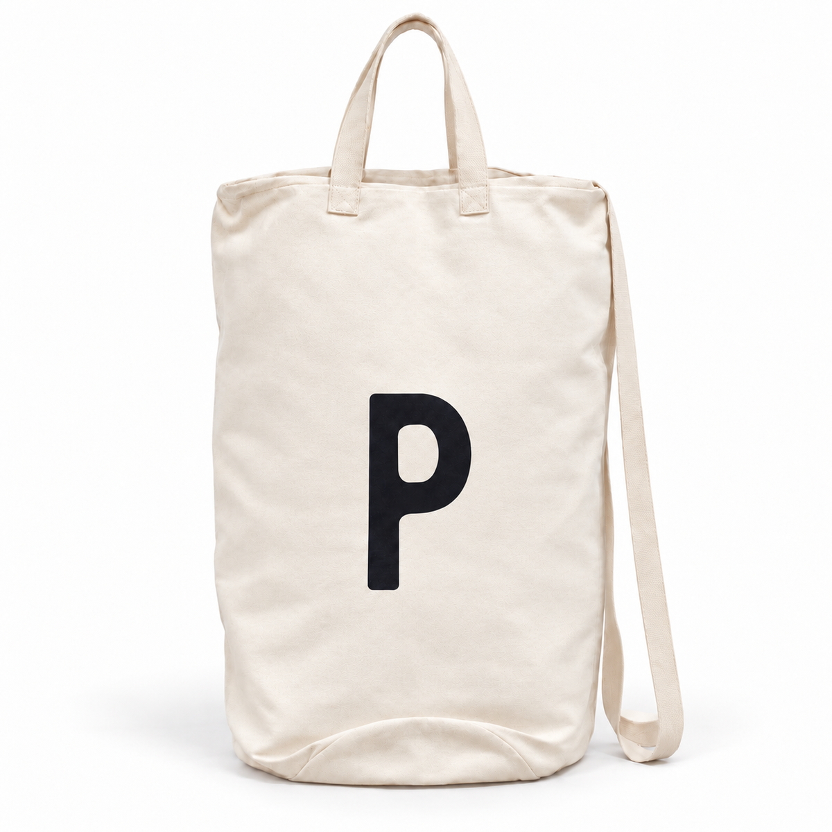 Modern Burlap initial canvas bag, letter P, front studio view