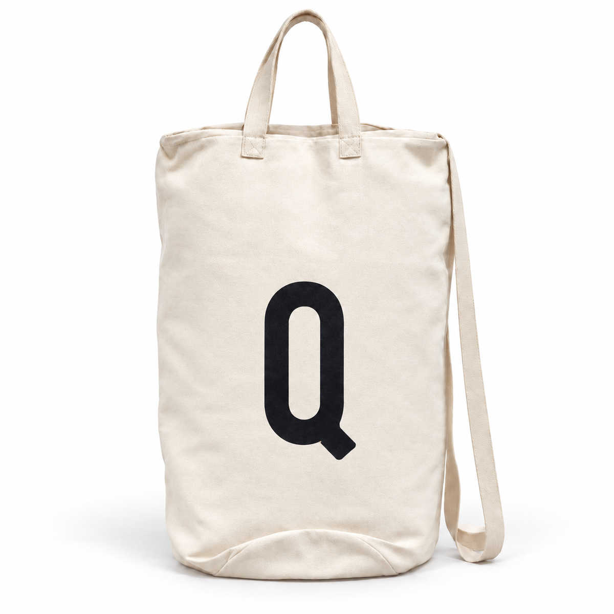 Modern Burlap initial canvas bag, letter Q, front studio view