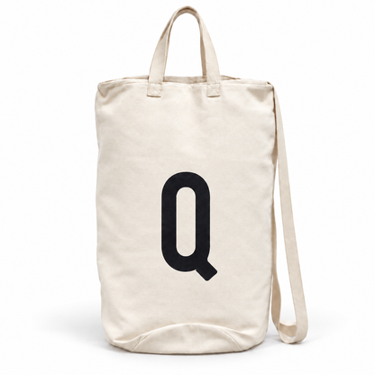 Modern Burlap initial canvas bag, letter Q, front studio view