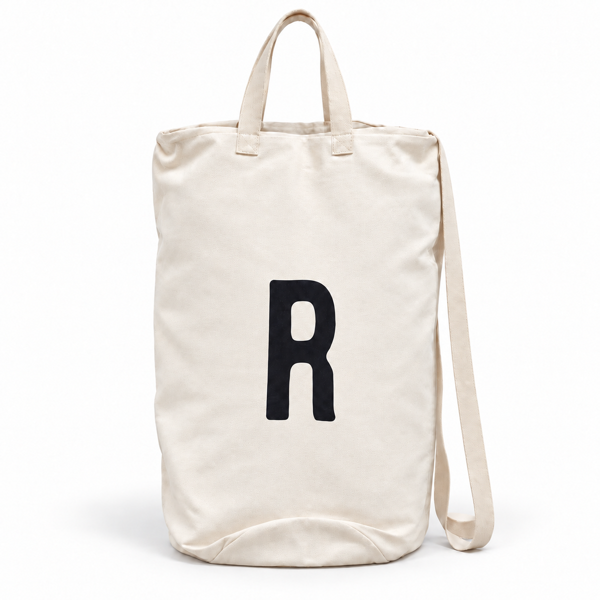 Modern Burlap initial canvas bag, letter R, front studio view