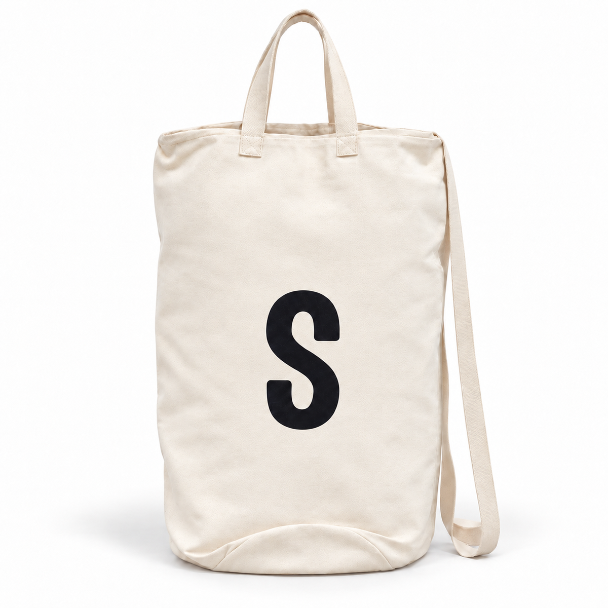 Modern Burlap initial canvas bag, letter S, front studio view