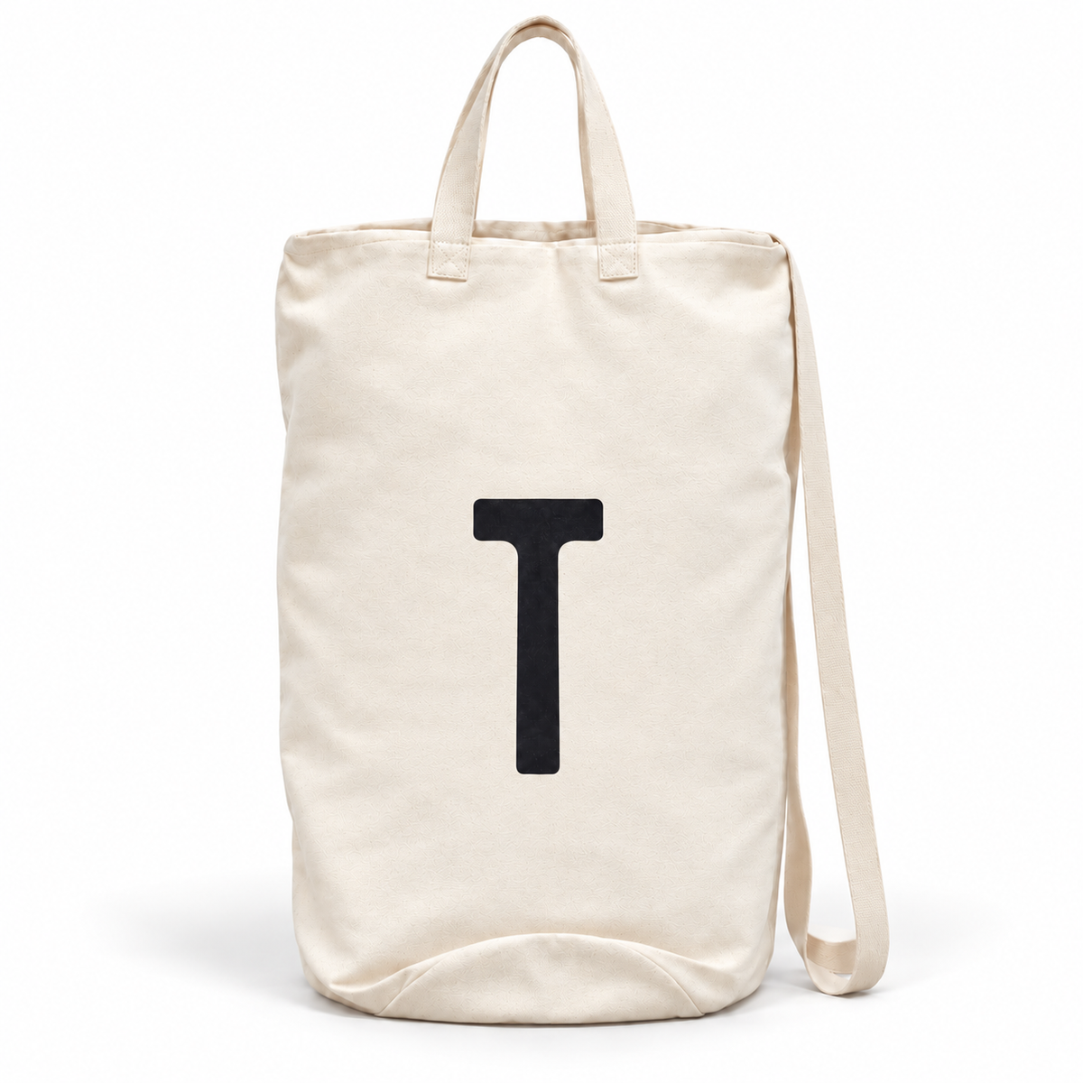 Modern Burlap initial canvas bag, letter T, front studio view
