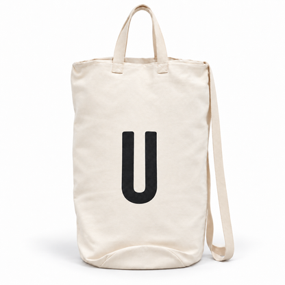 Modern Burlap initial canvas bag, letter U, front studio view