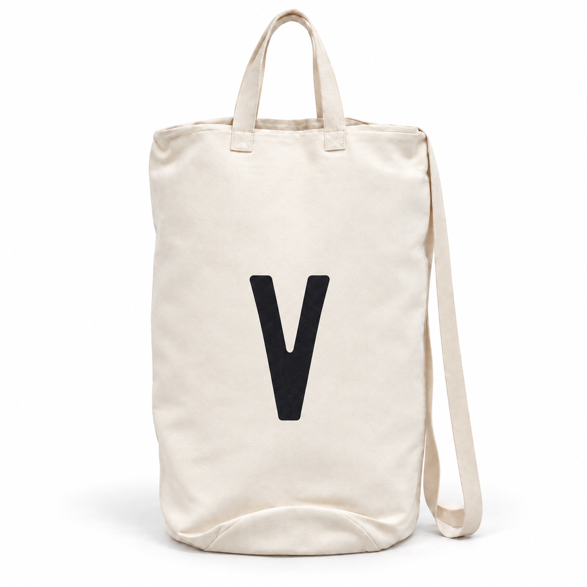 Modern Burlap initial canvas bag, letter V, front studio view