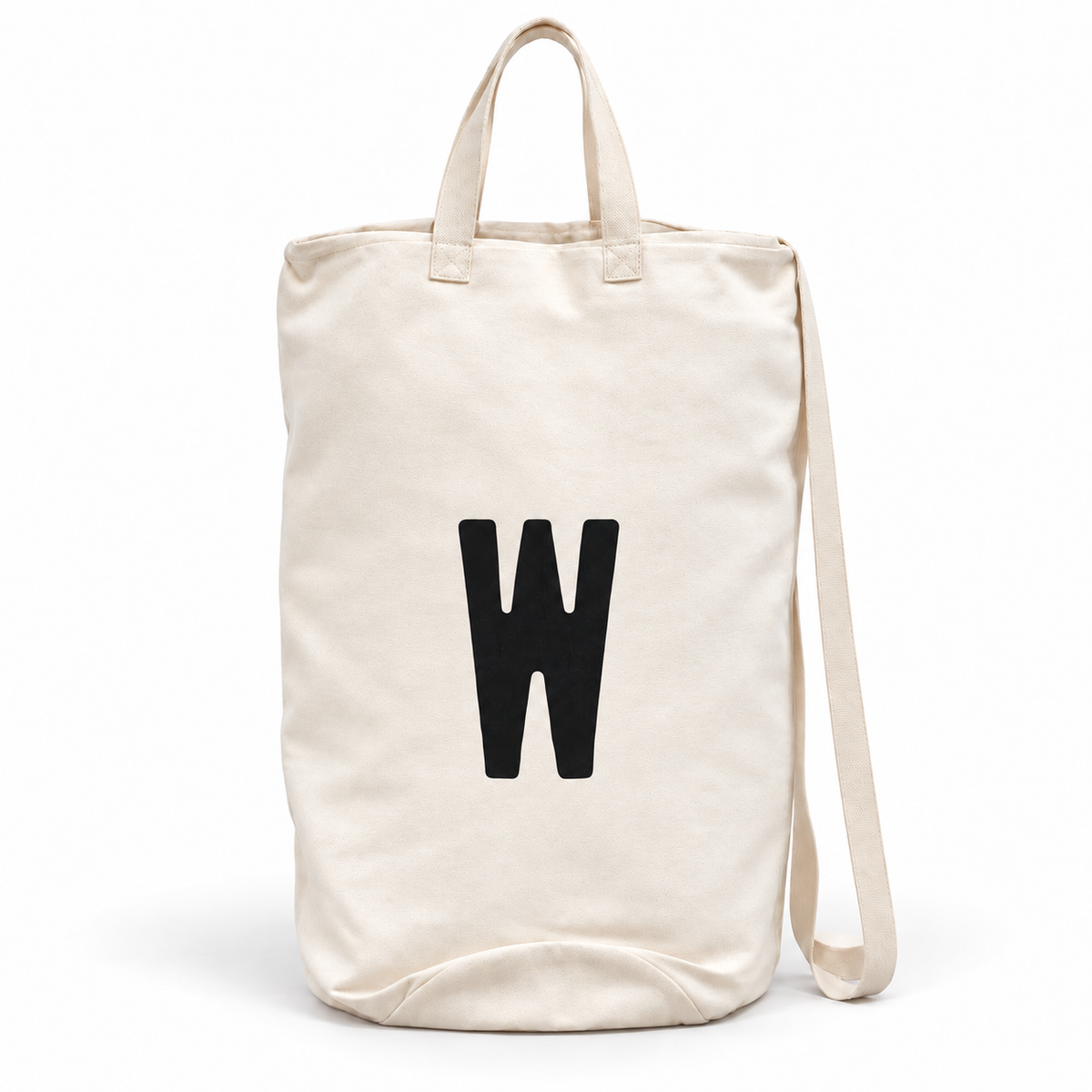 Modern Burlap initial canvas bag, letter W, front studio view