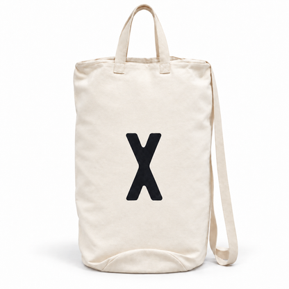 Modern Burlap initial canvas bag, letter X, front studio view
