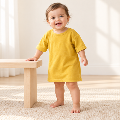 Child wearing the Mustard organic slouch dress with short sleeves and full hem visible; AI-styled product image.