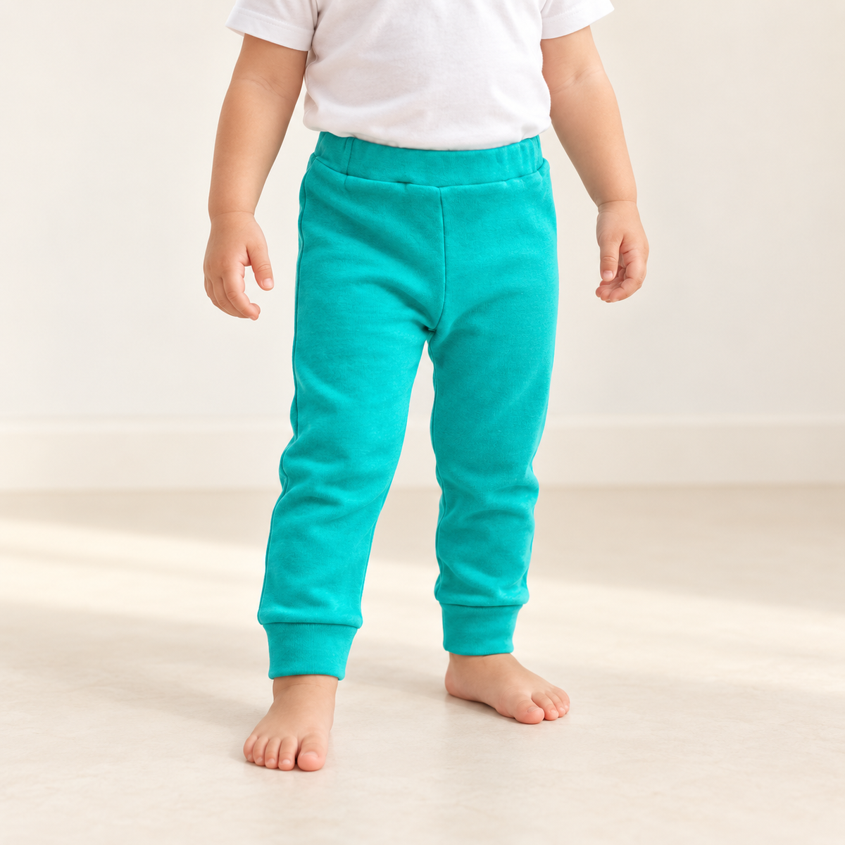 Arcadia organic baby and toddler basic pants shown on a child from waistband to ankle cuffs; AI-styled product image.