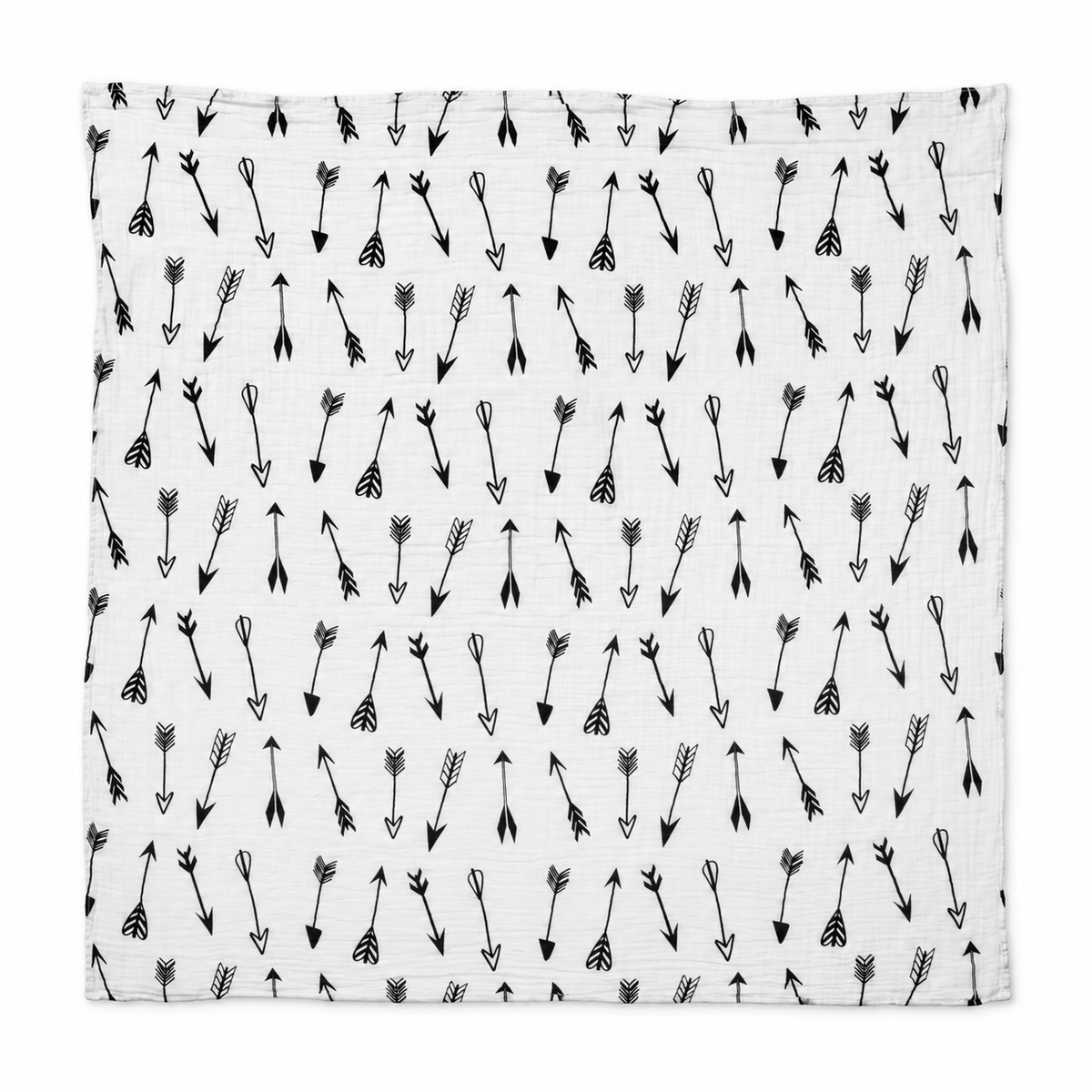 Arrows organic cotton muslin swaddle laid fully open on white, showing the square shape, original black arrow print and stitched edges.
