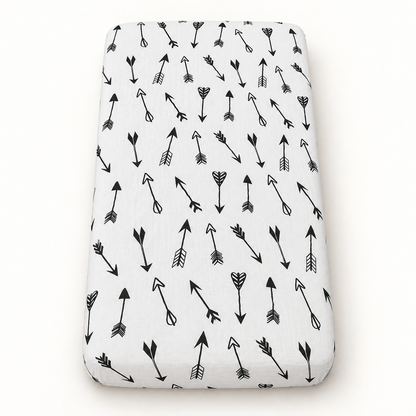 Arrows organic crib sheet with the full black and white print visible