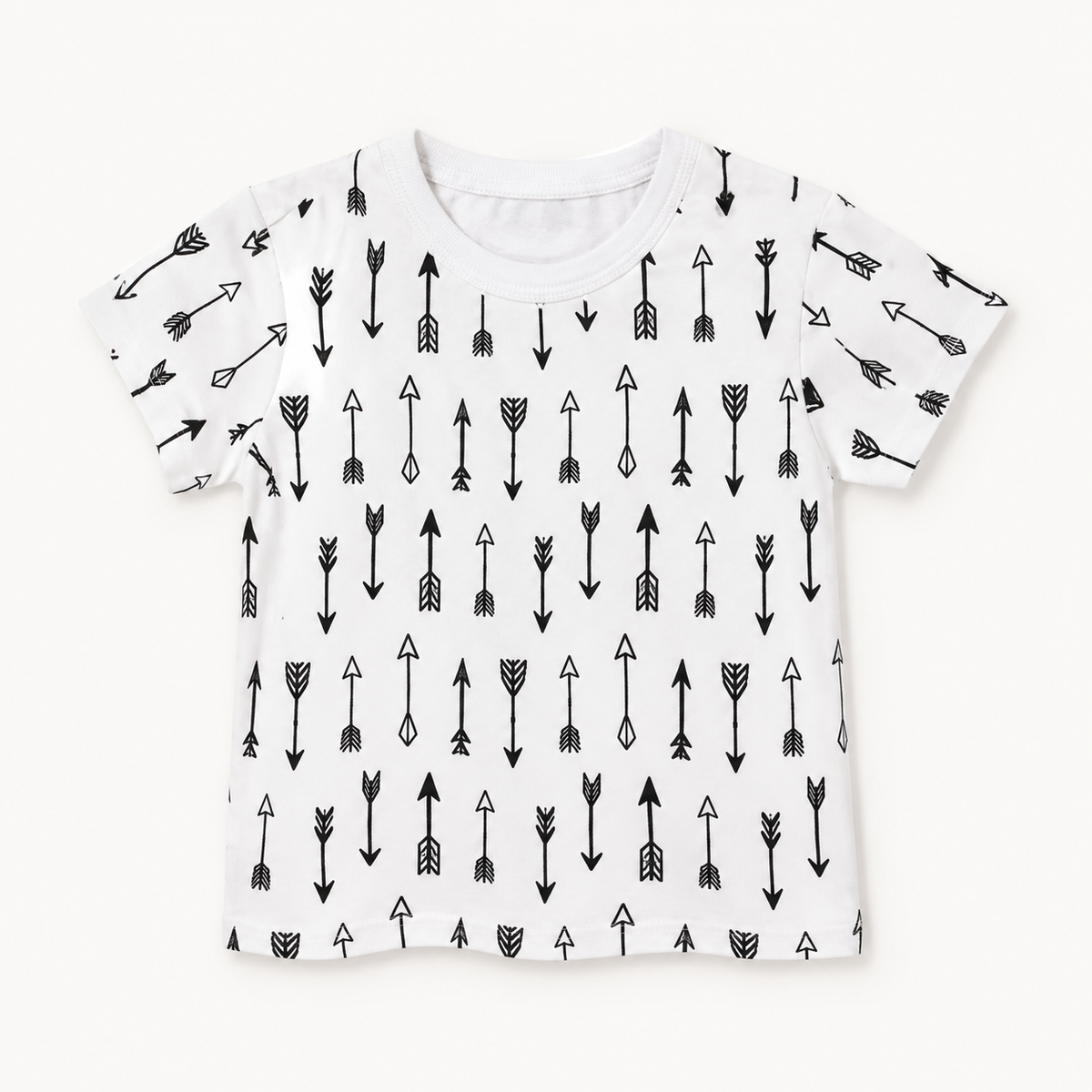 Arrows print organic baby and kids tee, full front view on a warm-white background.