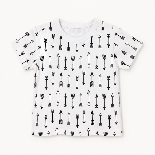 Arrows print organic baby and kids tee, full front view on a warm-white background.
