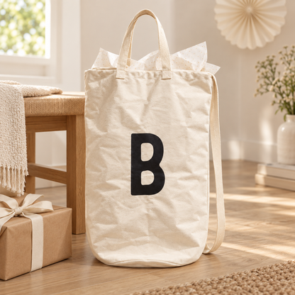 B initial cotton canvas bag styled for birthday gifting