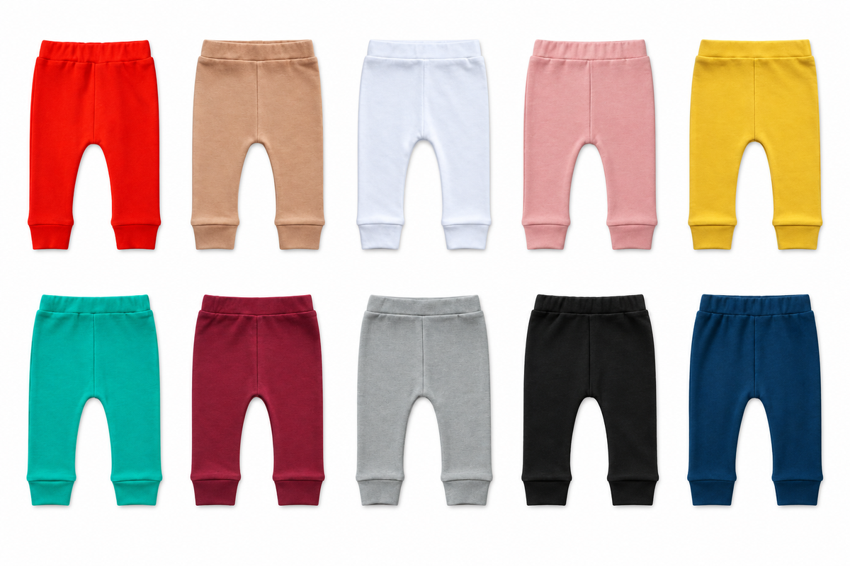 Modern Burlap organic Basic Pants in all ten documented colors, arranged at matching scale