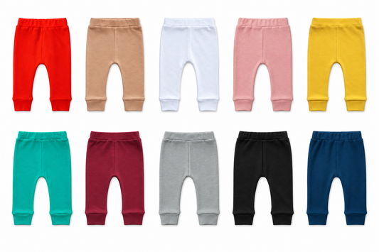 Modern Burlap organic Basic Pants in all ten documented colors, arranged at matching scale
