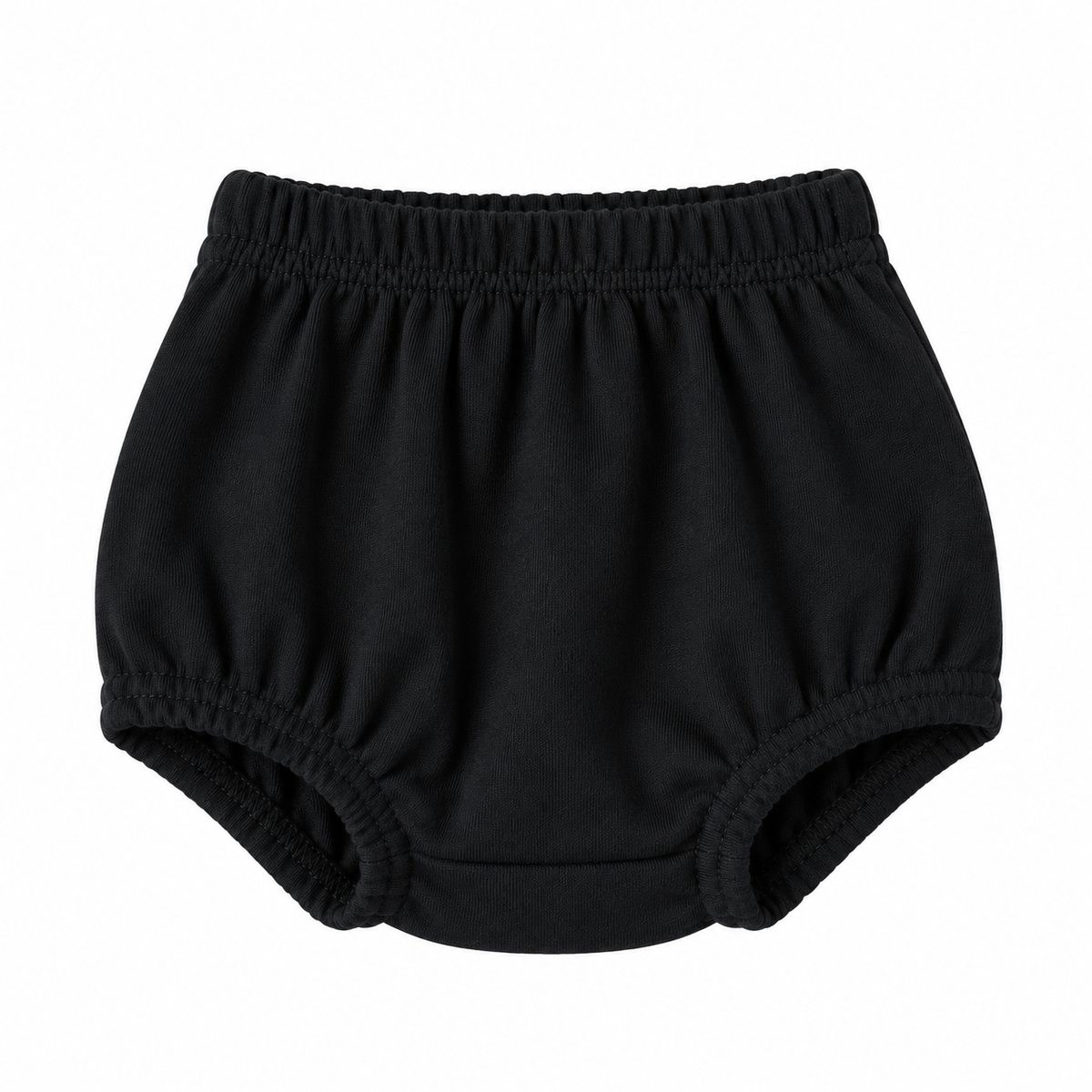 Modern Burlap organic baby bloomers in Black, front studio view on white.