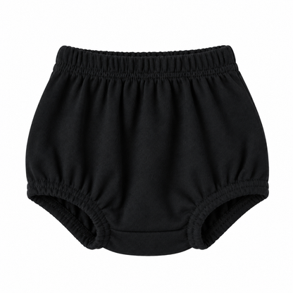 Modern Burlap organic baby bloomers in Black, front studio view on white.