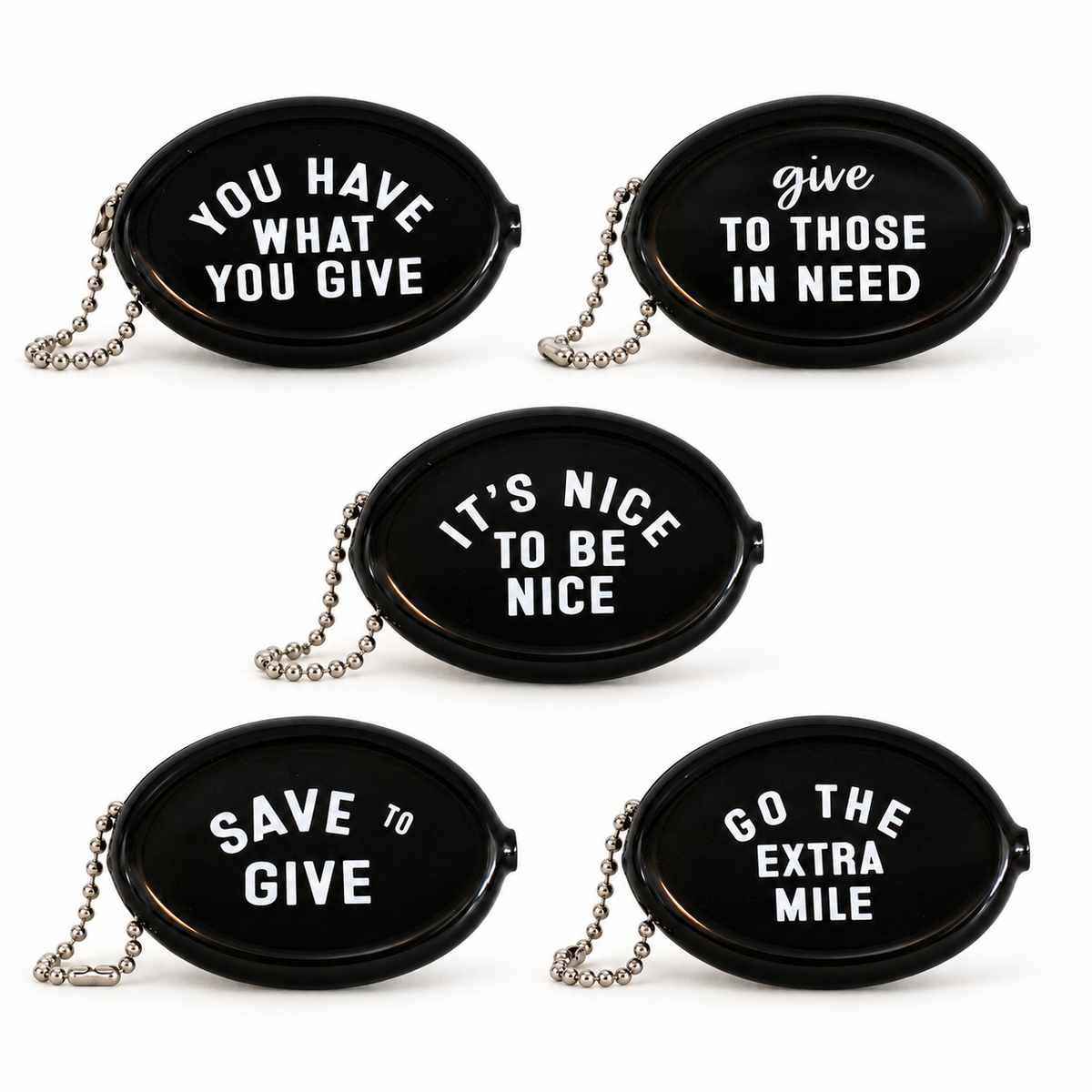 Five black coin pouch message designs at matching scale; choose one design, sold individually.