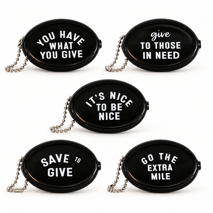 Five black coin pouch message designs at matching scale; choose one design, sold individually.
