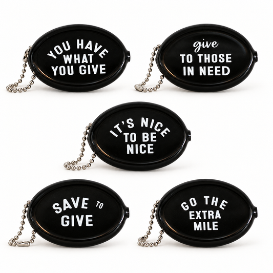 Five black coin pouch message designs at matching scale; choose one design, sold individually.