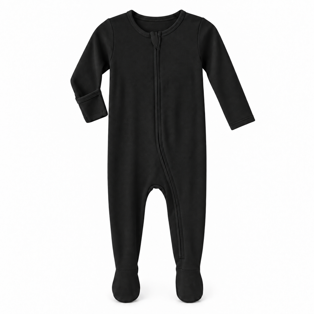 Black organic zip footie on white, with one sleeve turned to show the underside fold-over hand cover.