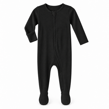 Black organic zip footie on white, with one sleeve turned to show the underside fold-over hand cover.