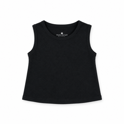 Organic Baby + Kids Tank in black, front studio view on white.