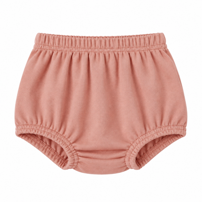 Modern Burlap organic baby bloomers in Blooming Dahlia, front studio view on white.