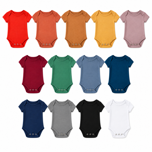 Thirteen short sleeve bodysuit colors shown at matching scale