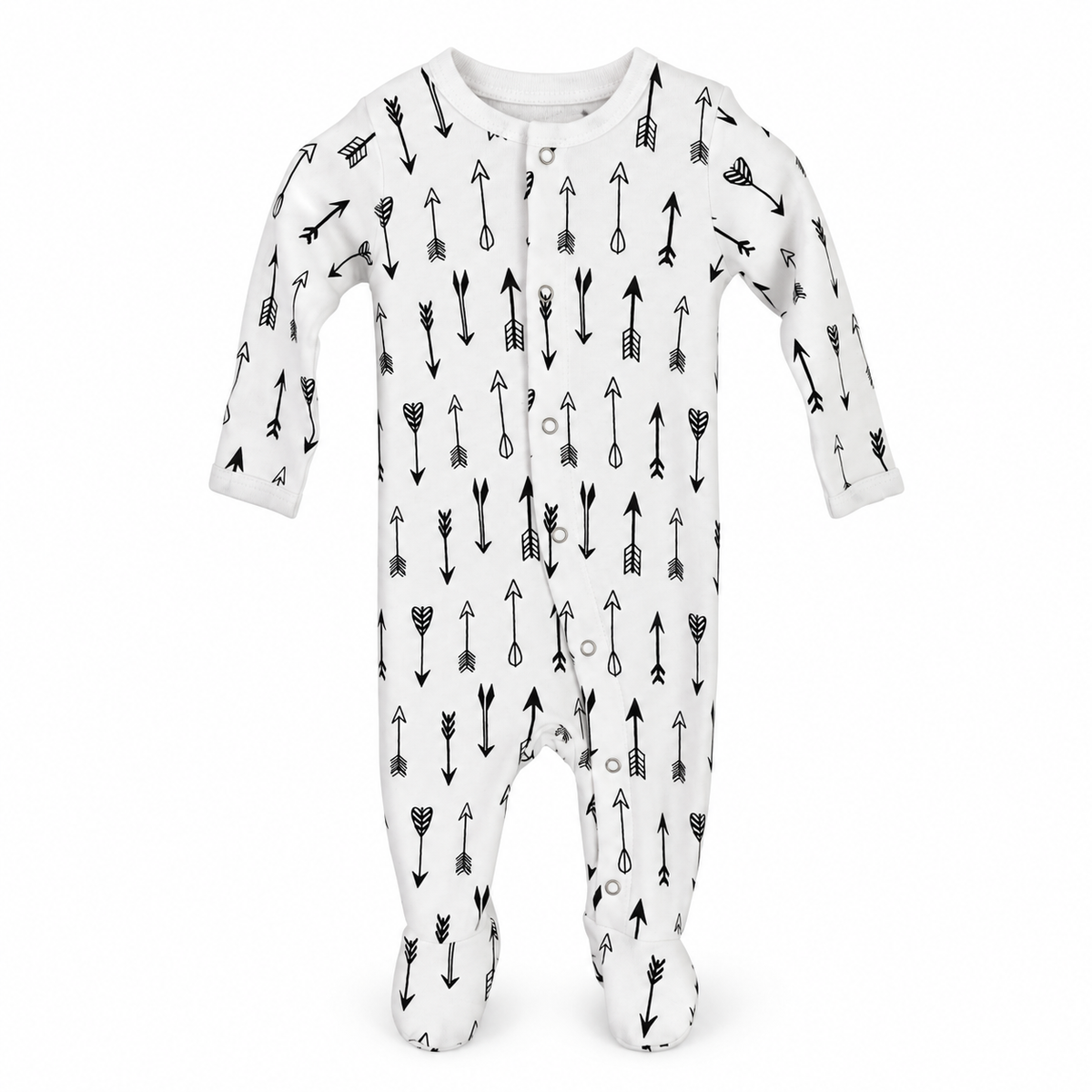 Modern Burlap organic baby button footie in B+W Arrows, full front studio view