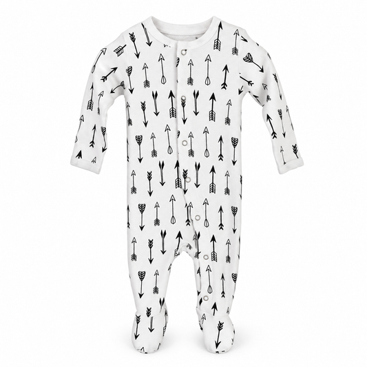 Modern Burlap organic baby button footie in B+W Arrows, full front studio view