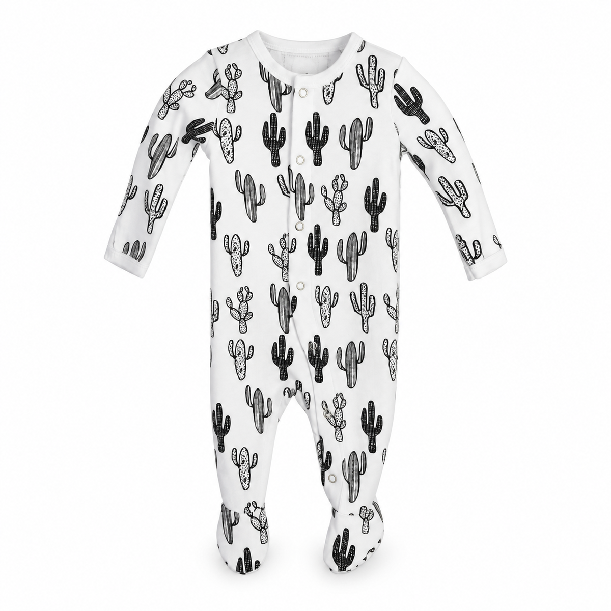 Modern Burlap organic baby button footie in B+W Cactus, full front studio view