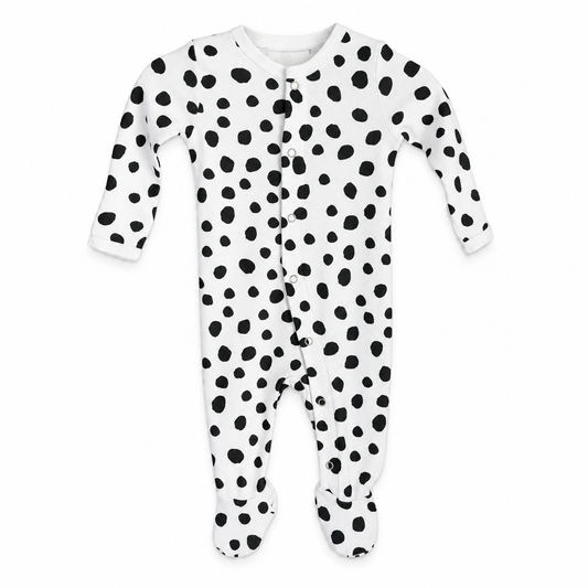 Modern Burlap organic baby button footie in B+W Spots, full front studio view