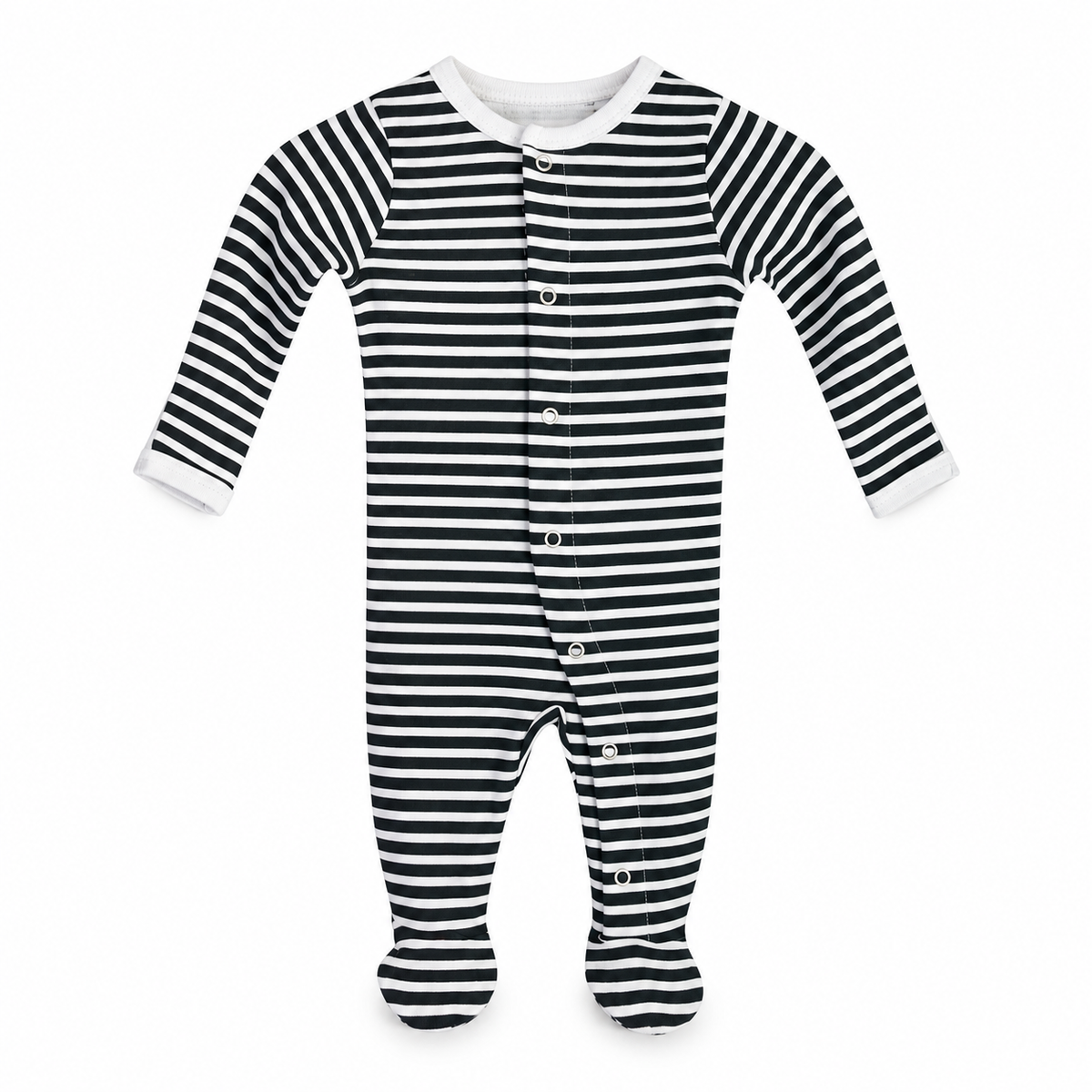 Modern Burlap organic baby button footie in B+W Stripes, full front studio view
