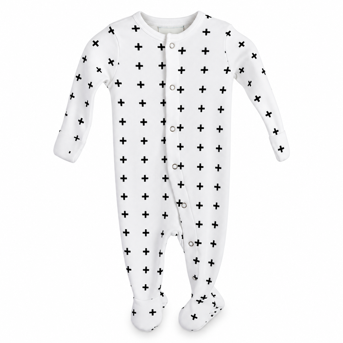 Modern Burlap organic baby button footie in B+W Swiss Cross, full front studio view