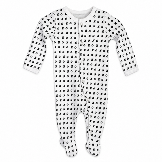 Modern Burlap organic baby button footie in B+W XO, full front studio view