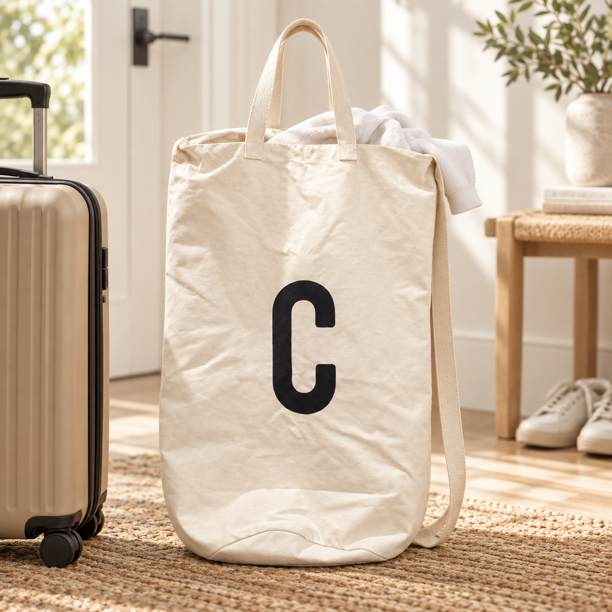 Modern Burlap C initial cotton canvas bag