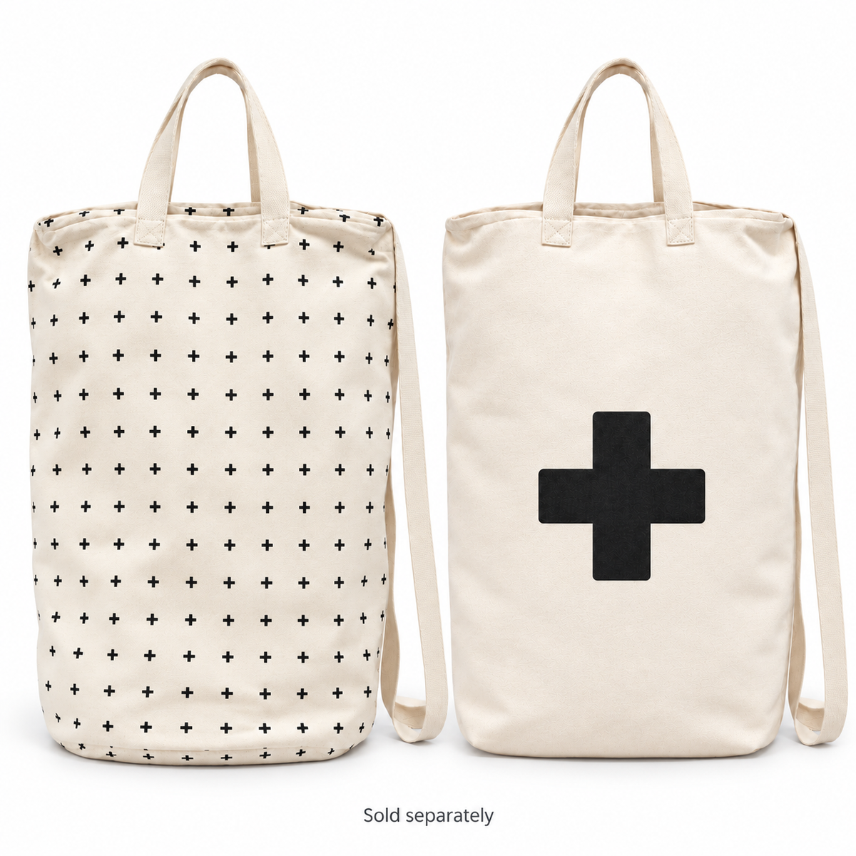 Mini Swiss Cross and Single Cross canvas laundry and gift bags on white. Sold separately.