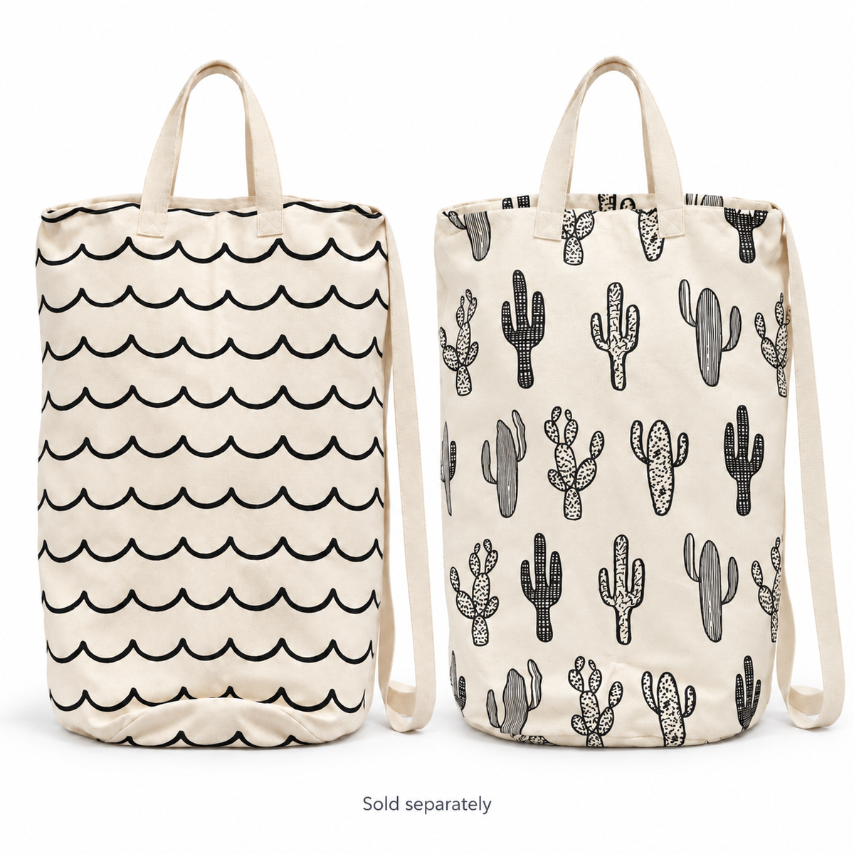 Waves and Cactus canvas laundry and gift bags on white. Sold separately.