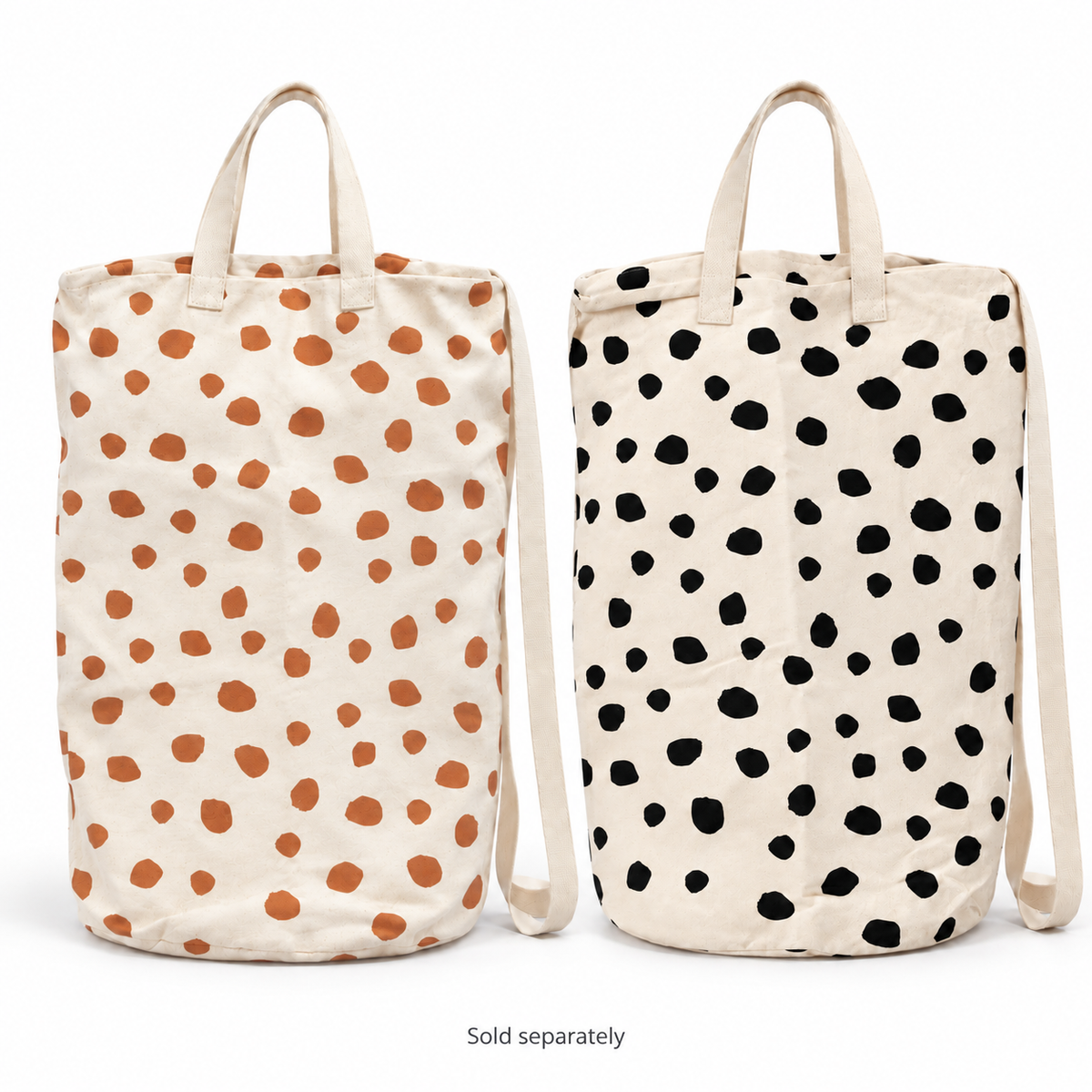 Ginger Spots and Black Spots canvas laundry and gift bags on white. Sold separately.