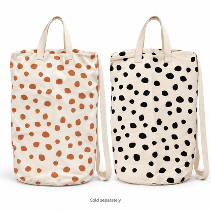 Ginger Spots and Black Spots canvas laundry and gift bags on white. Sold separately.