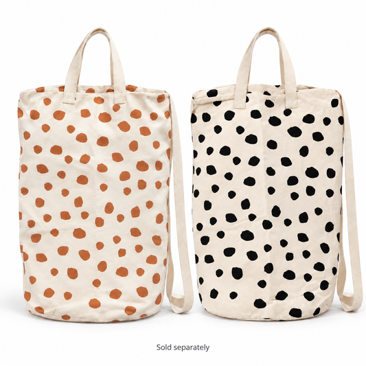 Ginger Spots and Black Spots canvas laundry and gift bags on white. Sold separately.