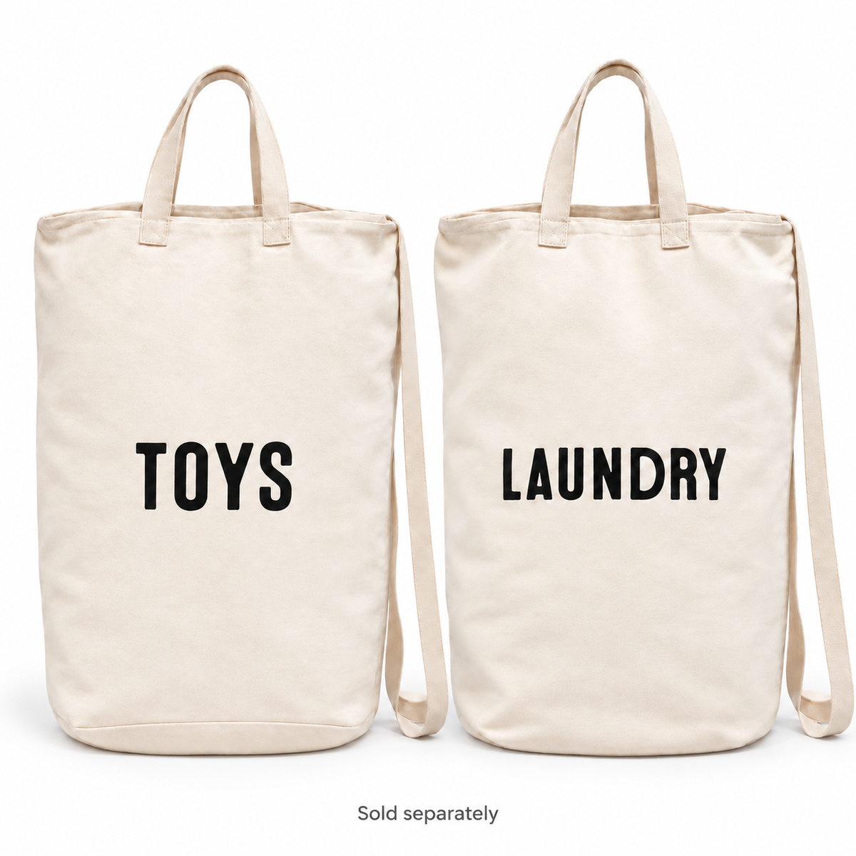 Toys and Laundry canvas laundry and gift bags on white. Sold separately.
