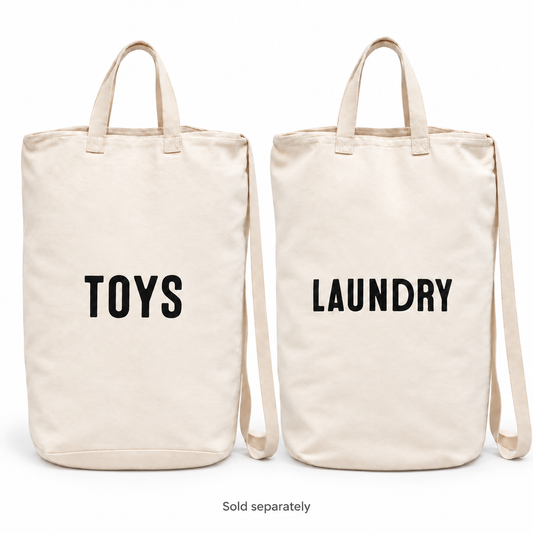 Toys and Laundry canvas laundry and gift bags on white. Sold separately.