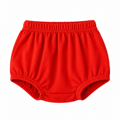 Modern Burlap organic baby bloomers in Cherry Tomato, front studio view on white.