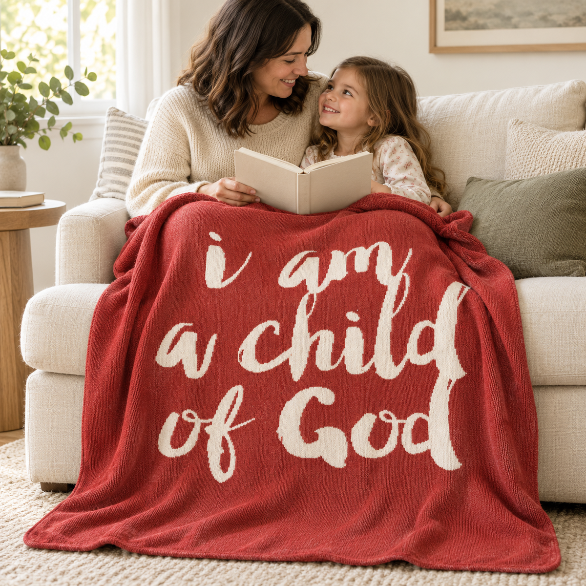 Mother and child reading together under the Rust Red I Am a Child of God knit throw.