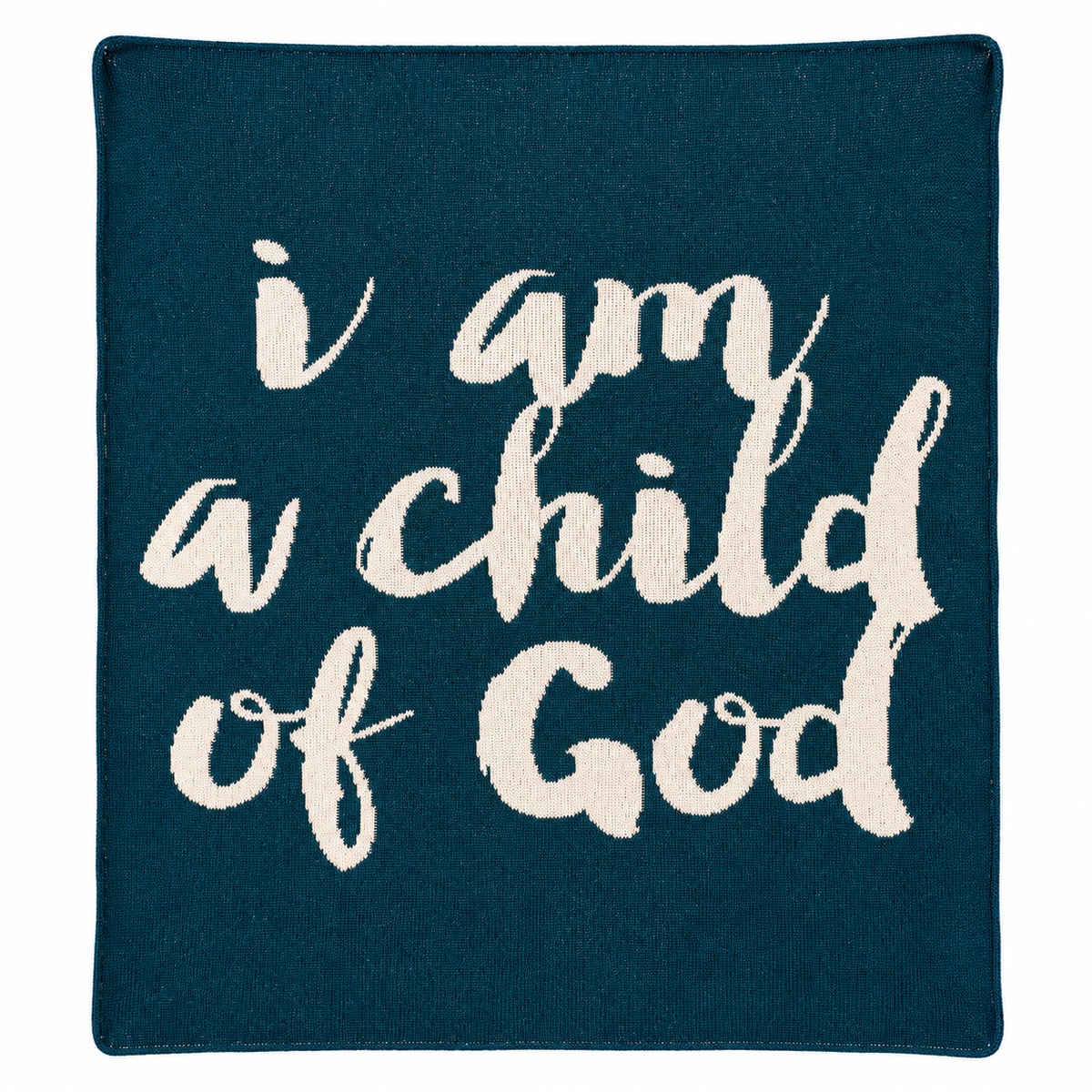 I Am a Child of God recycled cotton knit blanket in Teal, full front studio view.