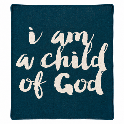 I Am a Child of God recycled cotton knit blanket in Teal, full front studio view.
