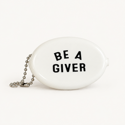 White coin pouch with Be a Giver message, front view