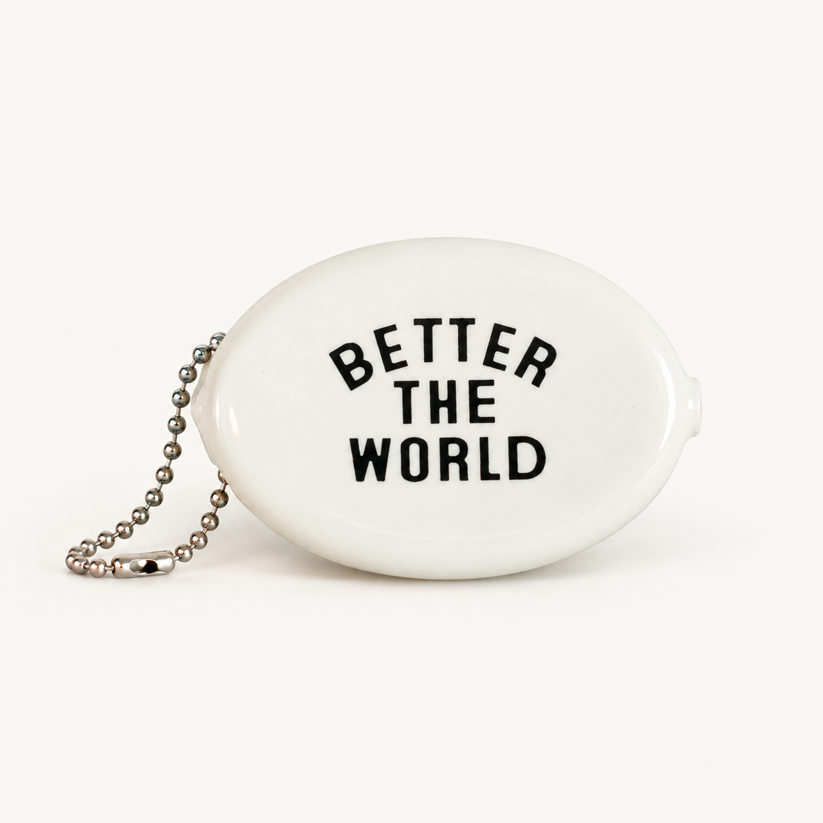 White coin pouch with Better the World message, front view